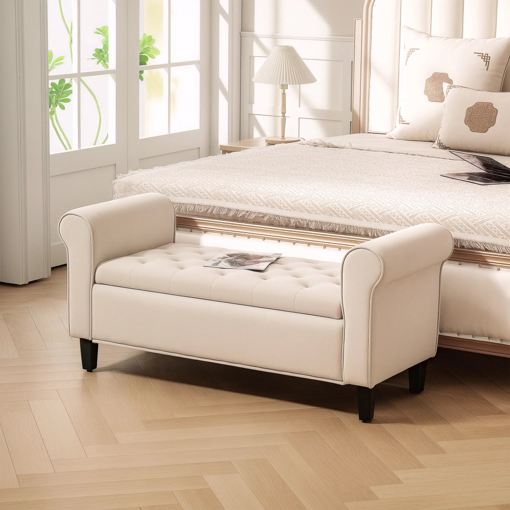 Panca Pouf Contenitore in Tessuto Velluto con Braccioli ¨C Xylo ¨C Beige, 126x48.5x57 cm