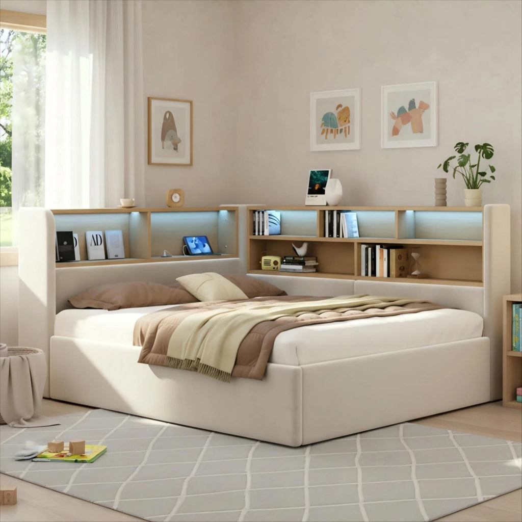Letto a Divanetto Contenitore con LED; USB e Type-C; in Velluto; Beige
