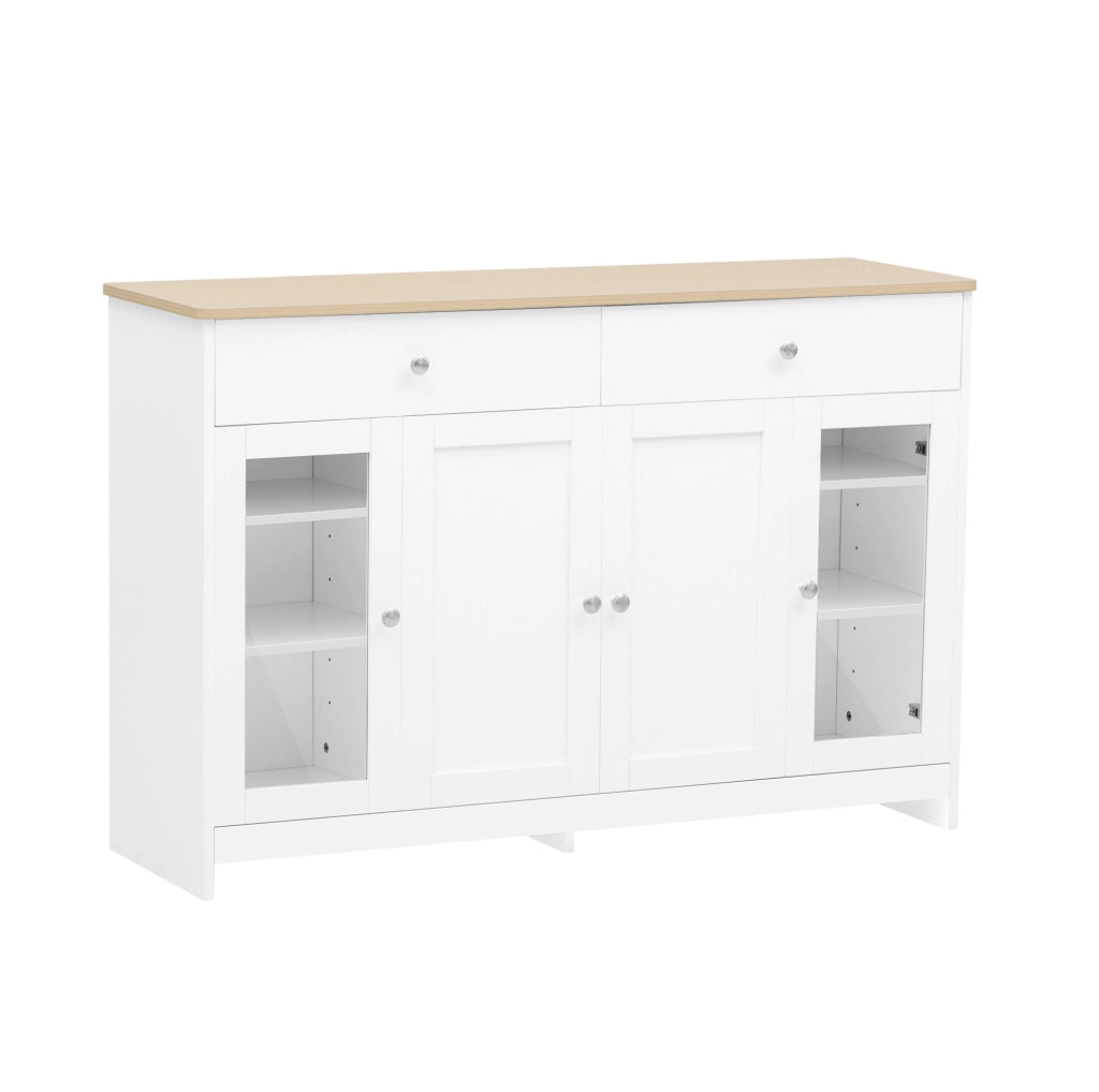 Credenza sideboard rustica 120 cm in MDF bianco e effetto legno; 2 cassetti e 4 ante