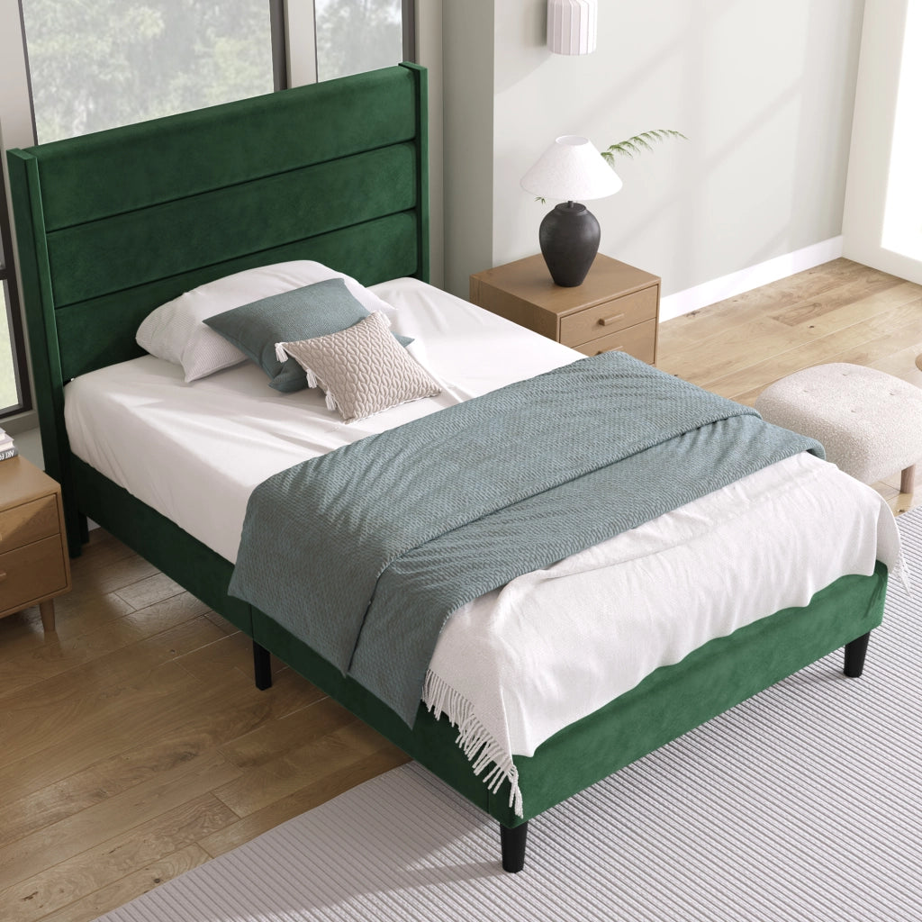 LETTO imbottito 90x200 cm in velluto verde con testiera