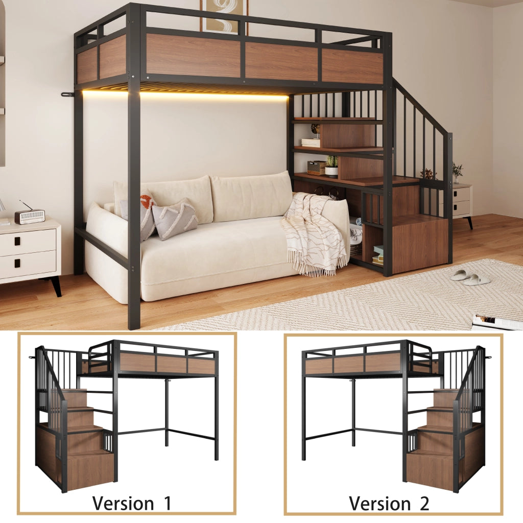 Letto a soppalco 90 × 200 cm con scala contenitore reversibile, led, senza materasso, in metallo e legno, nero