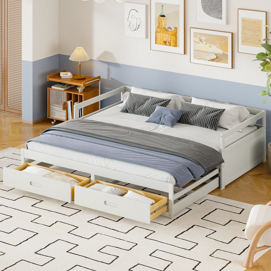 Letto Singolo Estraibile con Cassetti e Doghe ¨C MINIMAL ¨C Pino Bianco 90x200 cm