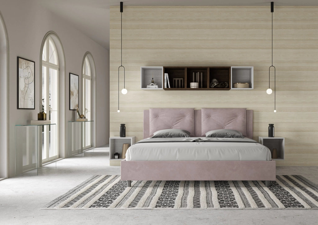 BS COM Letto matrimoniale king size con rete imbottito 190x190 microfibra glicine