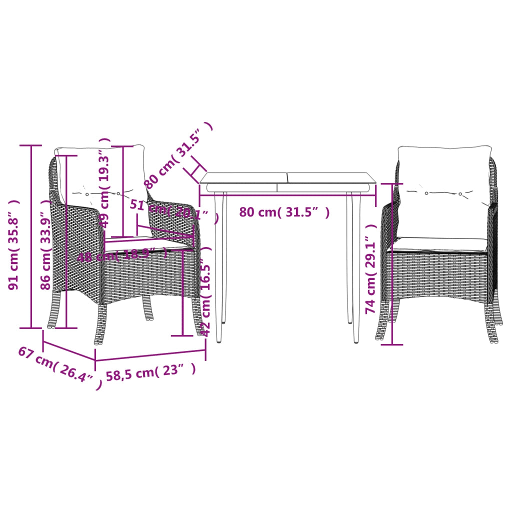 Set da Pranzo da Giardino 3 pz | Set Salotto da Giardino con Cuscini Beige in Polyrattan