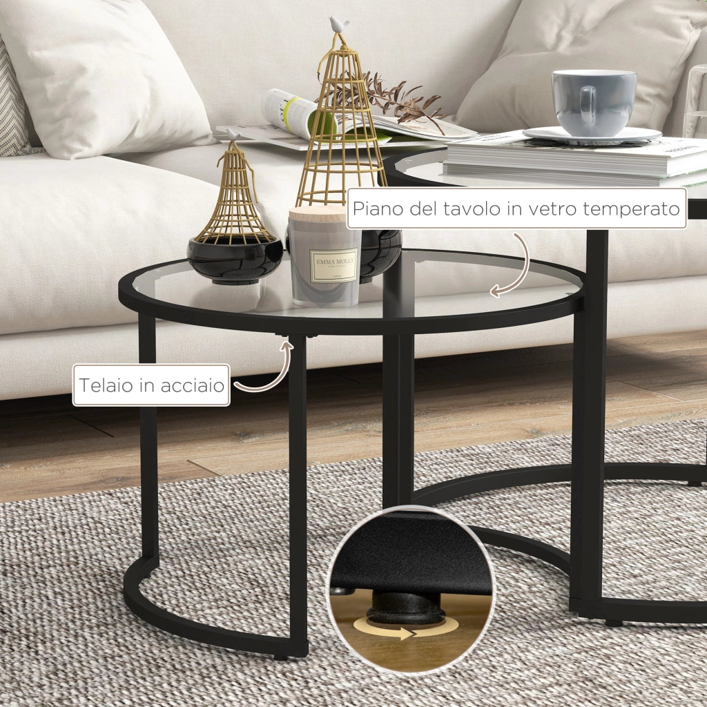 Tavolino da caff¨¨ sovrapponibile in vetro e acciaio ¨C Minimal ¨C Nero, ?70x47.5 cm e ?54x42.5 cm