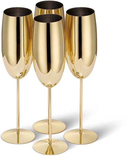 Set di Calici Champagne in Vetro Resistenti - Colore Oro - Set Completo di Calici Eleganti - Ideale per Natale e Capodanno