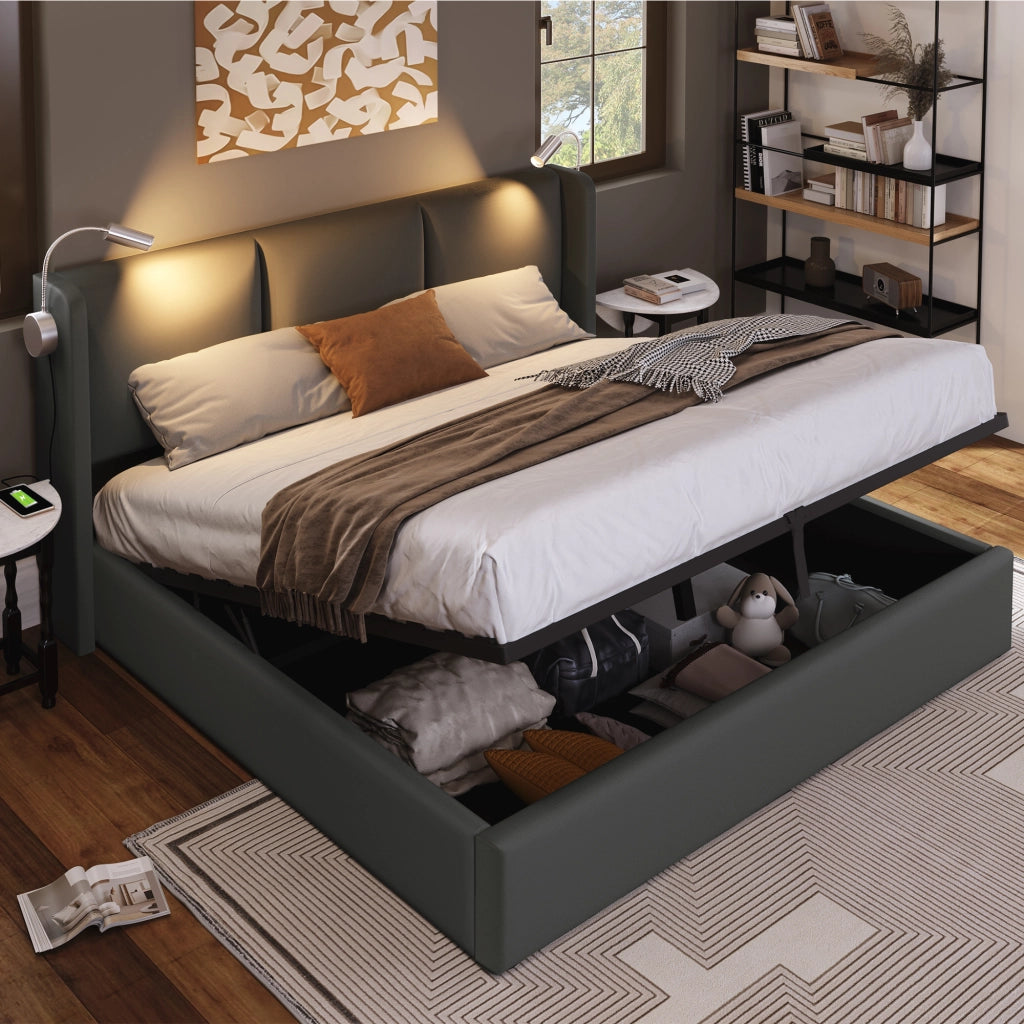 Letto Contenitore 160x200 cm con Luce da Lettura e Ricarica USB; in PU; Grigio