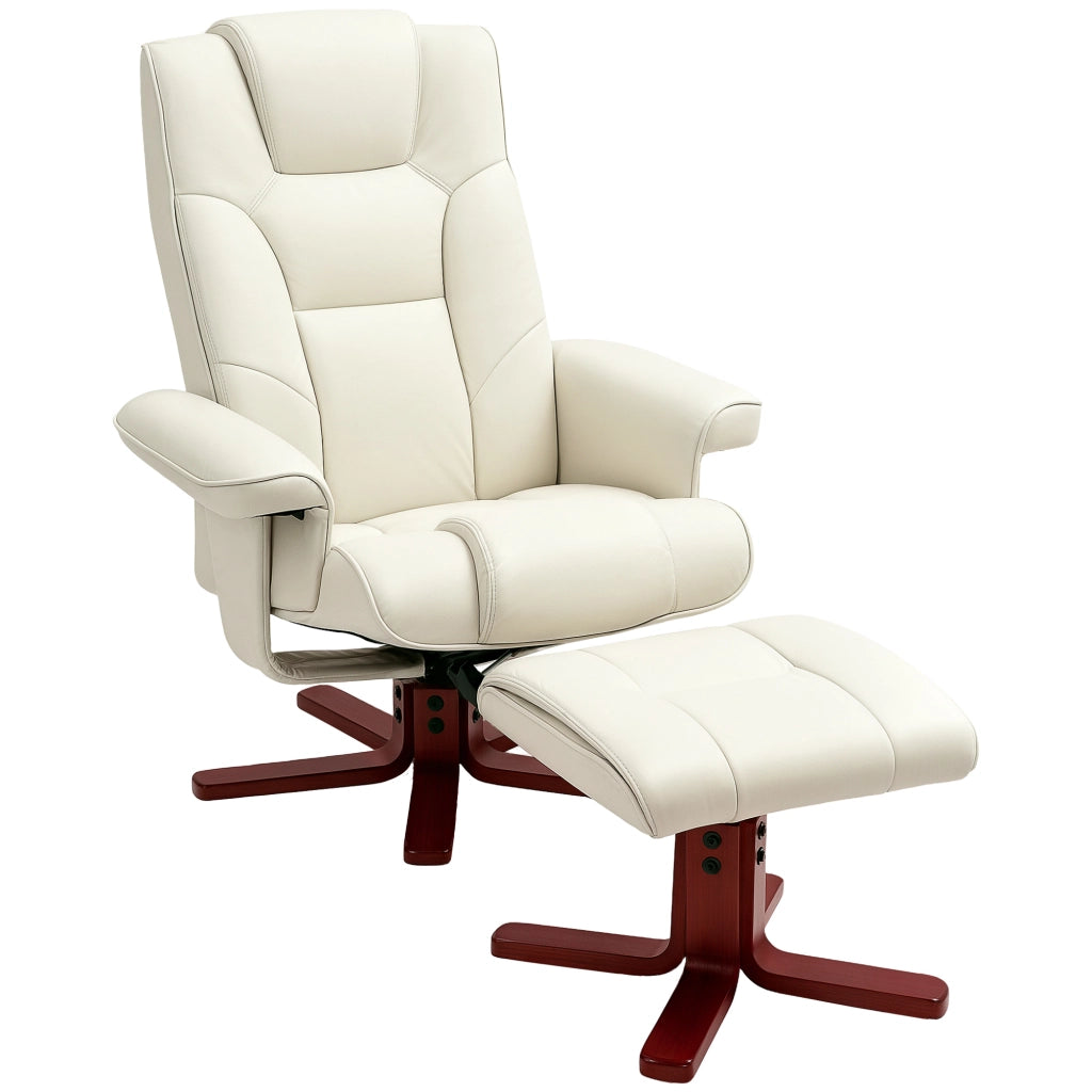 POLTRONA Relax con sgabello 84x84x104 cm Pelle rigenerata Bianco crema Set 2 pezzi