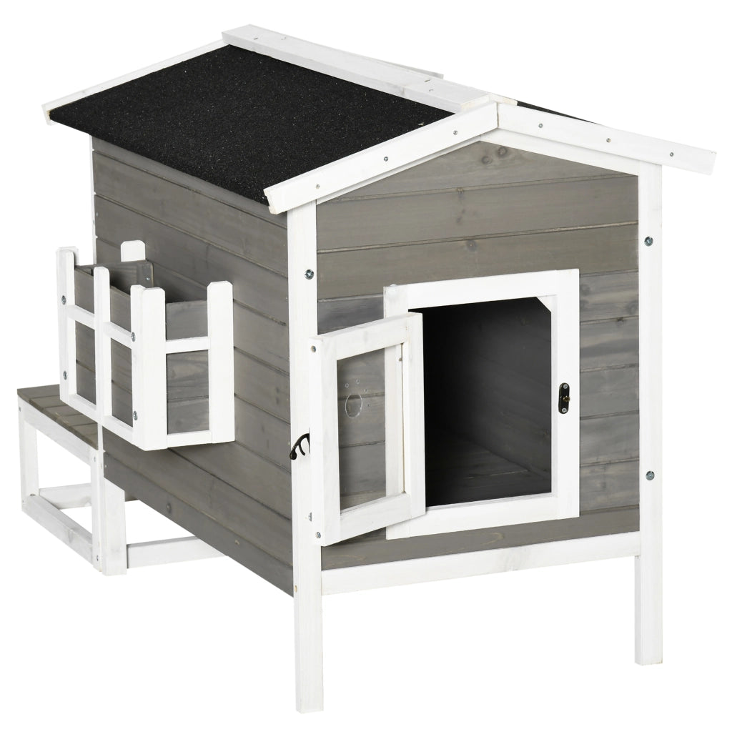 Casetta per Gatti in Legno con Terrazza ¨C zephmum ¨C Grigio+Bianco 115x66.5x74.7 cm