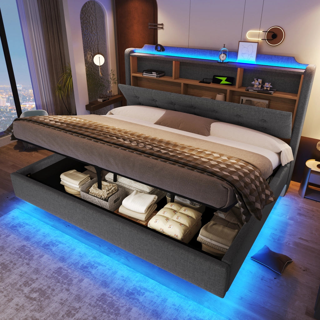 LETTO Contenitore 180x200 cm Grigio in Lino e MDF con LED, USB e Type-C