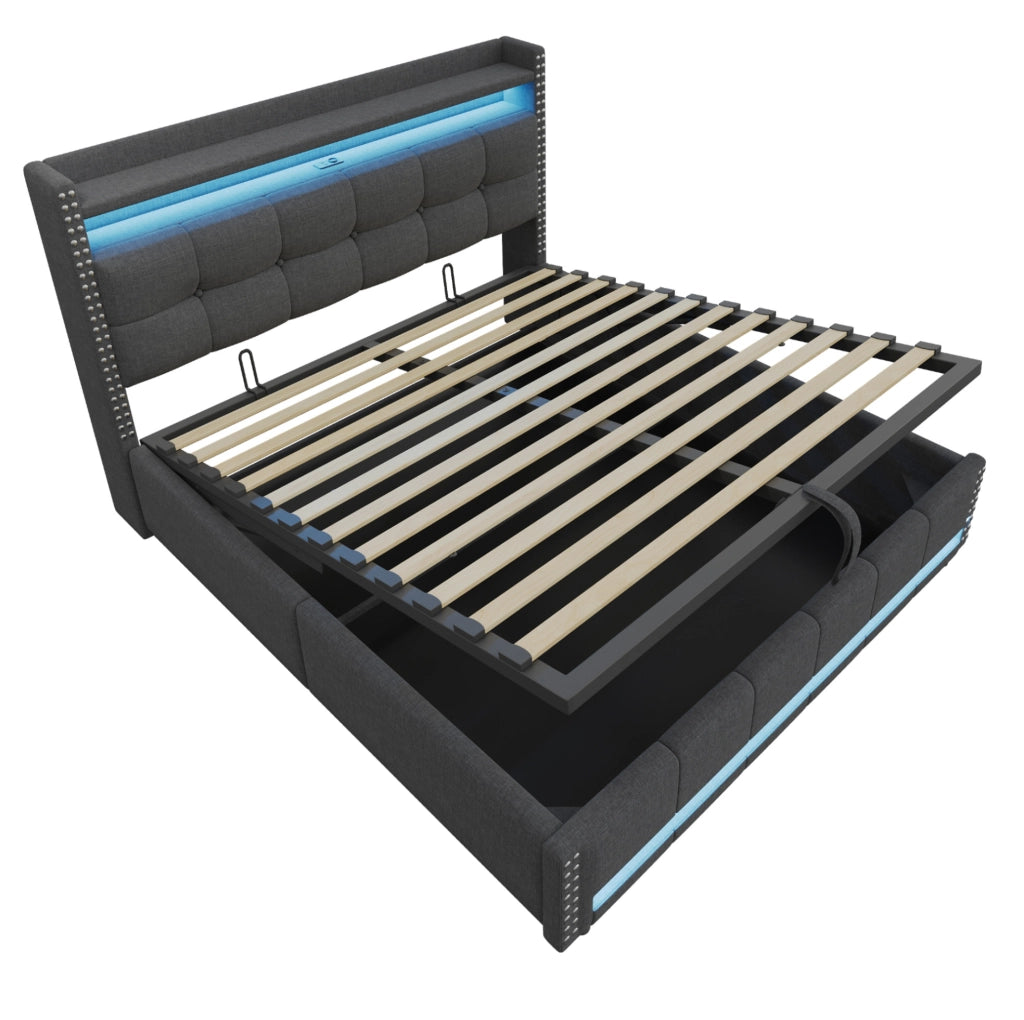 Letto matrimoniale imbottito 180x200 cm con LED, USB e contenitore