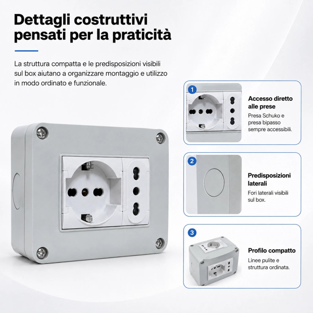 Cassetta Elettrica IP40 con Presa Schuko e Bipasso 10/16A