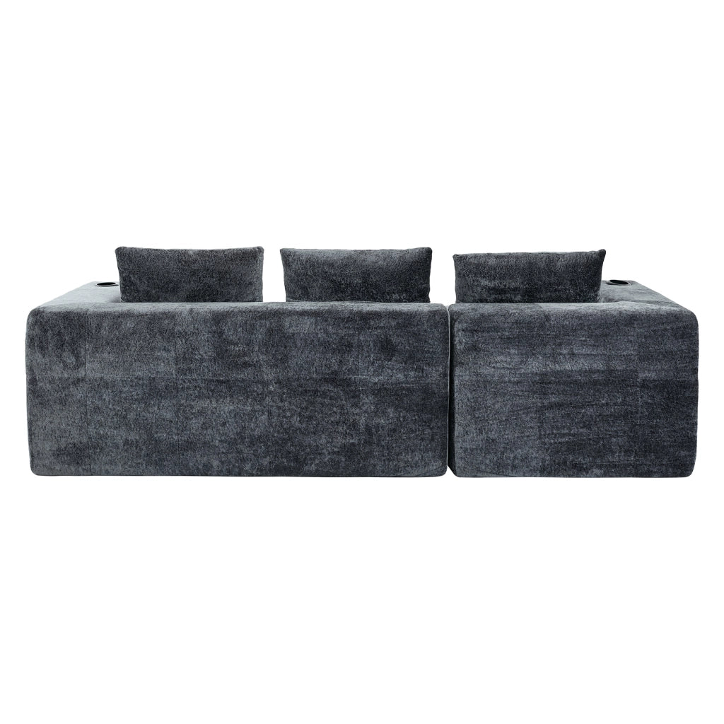 Divano ad angolo 4 e 5 posti con portabicchieri, in Chenille Grigio