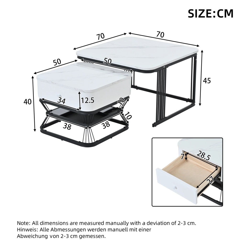 Set di 2 tavolini da salotto quadrati in effetto marmo lucido, bianco e nero, 70x70x45 cm + 50x50x40 cm, con 1 cassetto