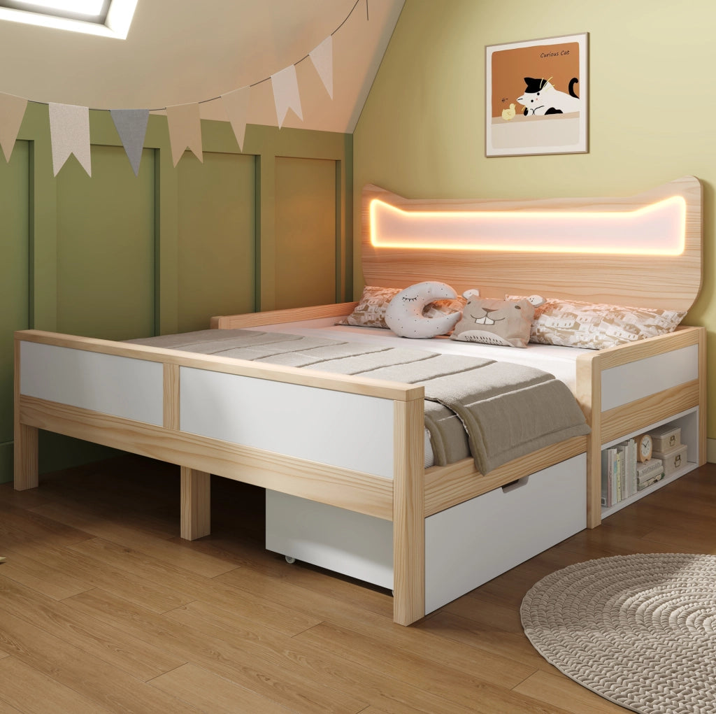 Letto per bambini a forma di gatto con LED RGB, cassetto e vano contenitore