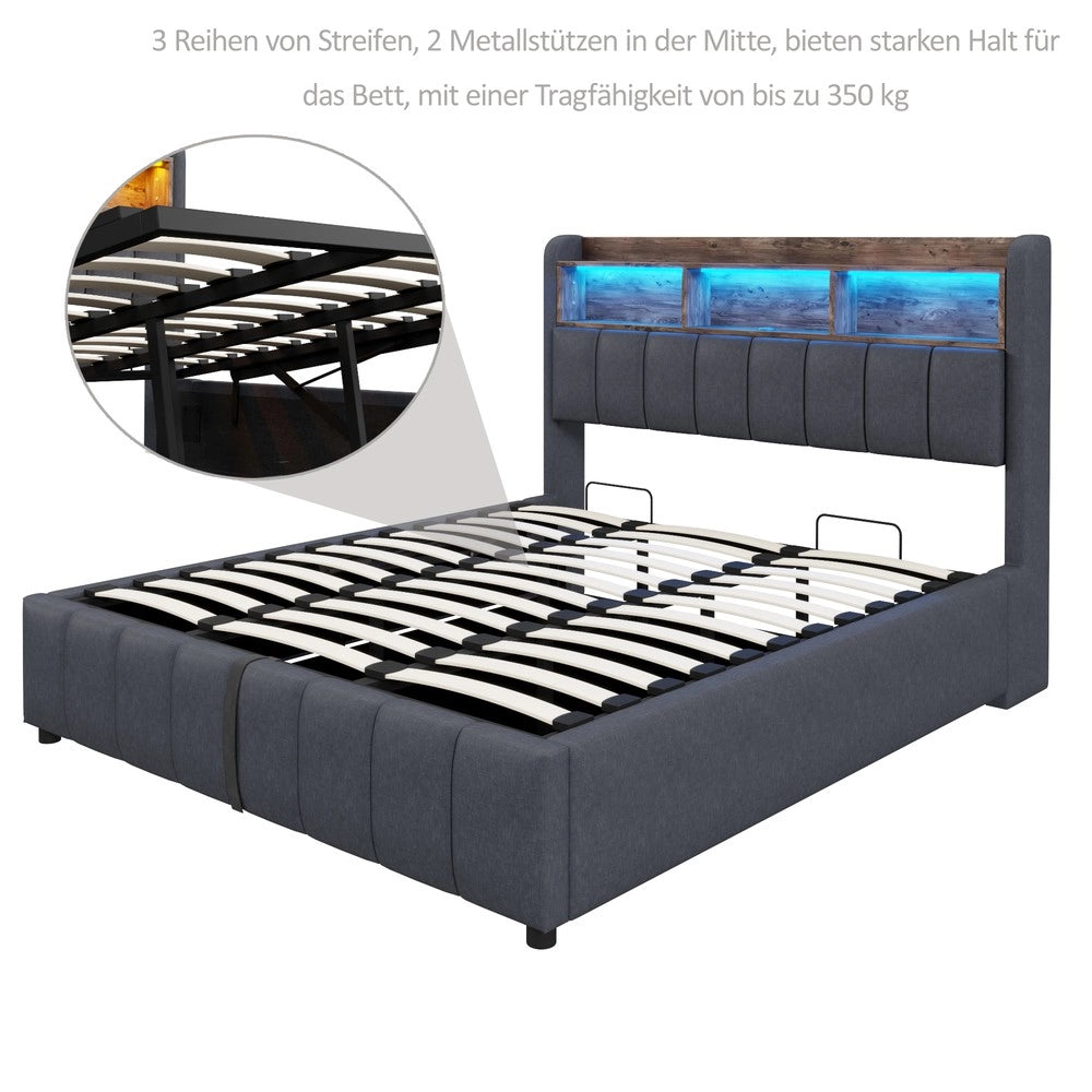 Letto Imbottito Matrimoniale con LED, USB, Contenitore Idraulico ¨C MINIMAL ¨C Tessuto Grigio 180x200