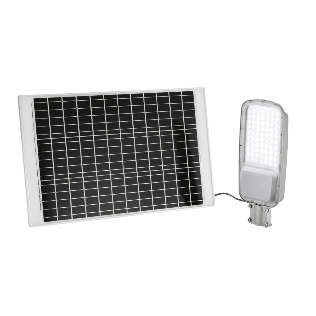 FARO SOLARE STRADALE LED RADIUS SILVER 64W 4200LM 3000K CON PANNELLO SOLARE IP65 48,6X8,7X20,7CM
