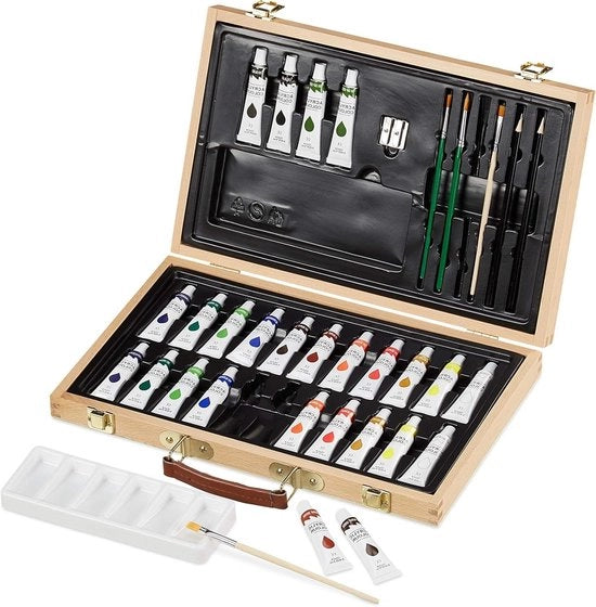 Kit di disegno 35 pezzi con vernice acrilica - Set di cassa di disegno in legno, matite e pennelli