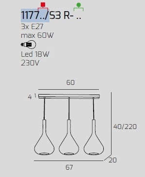 SOSPENSIONE CROMO 3 LUCI RETTANGOLARE VETRI BLU 1177CR-S3 R-BL