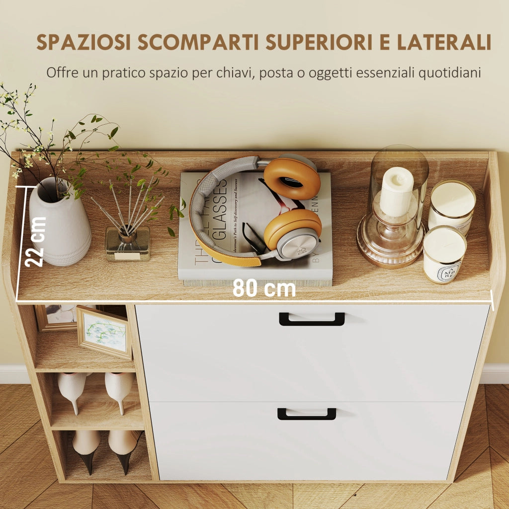 Scarpiera Slim 83x24x90,5 cm con 2 Cassetti Ribaltabili e 3 Vani Aperti Capacità 15 Scarpe Color Legno e Bianco