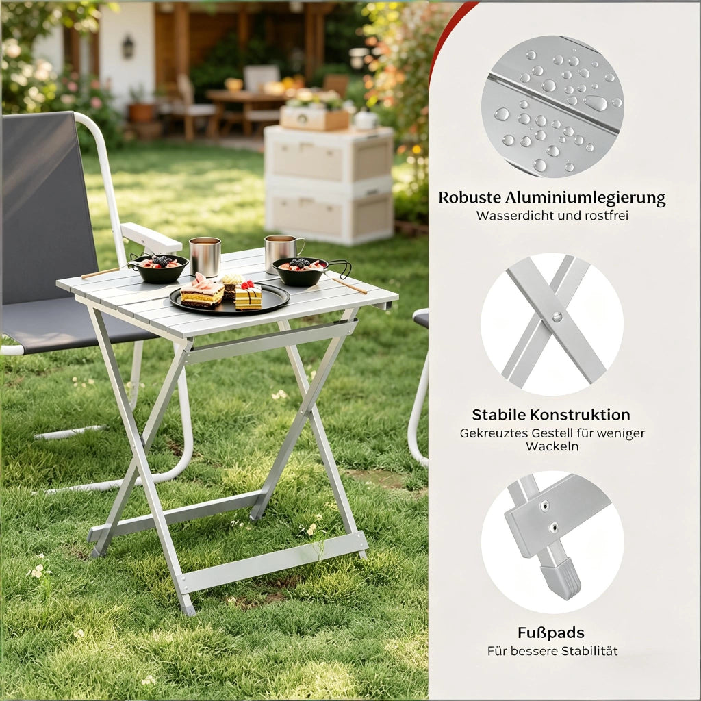 Tavolino da giardino pieghevole in lega di alluminio con struttura a X e piedini antiscivolo per esterno; 50.5×46.5×60 cm