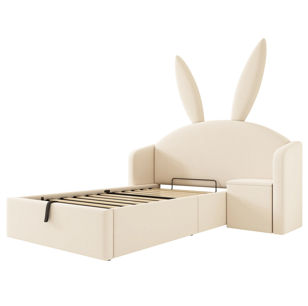 Letto junior 90x200 cm in velluto beige con contenitore; comodino integrato e design con orecchie