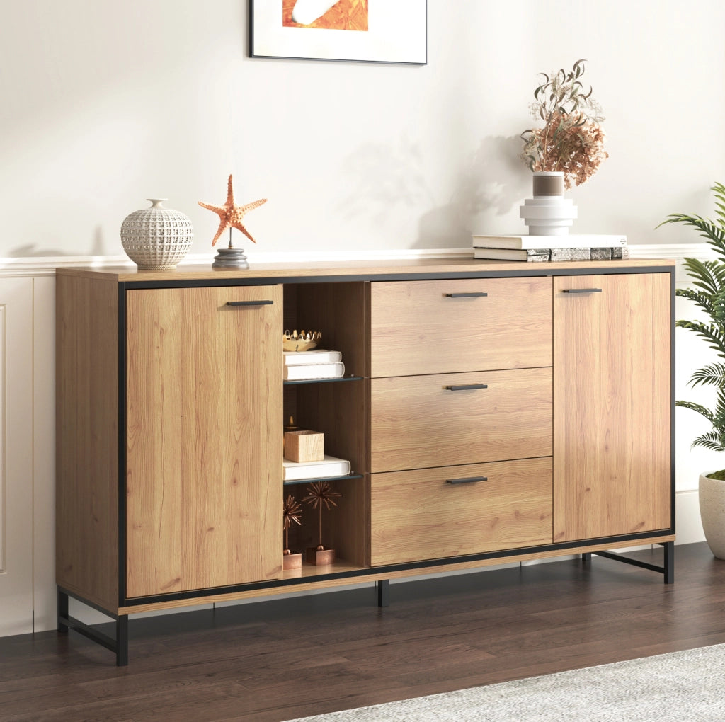 Credenza moderna 160x40x85 cm in pannello truciolare; colore naturale con LED a 16 colori