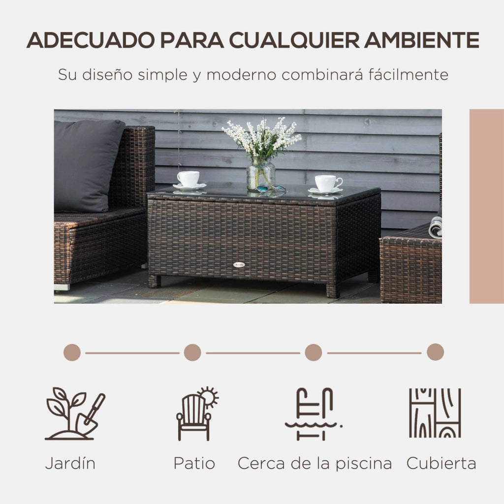 Tavolino da Giardino Esterno Rattan Sintetico ¨C Xylo ¨C Piano Vetro Temperato Marrone 85x50x39cm