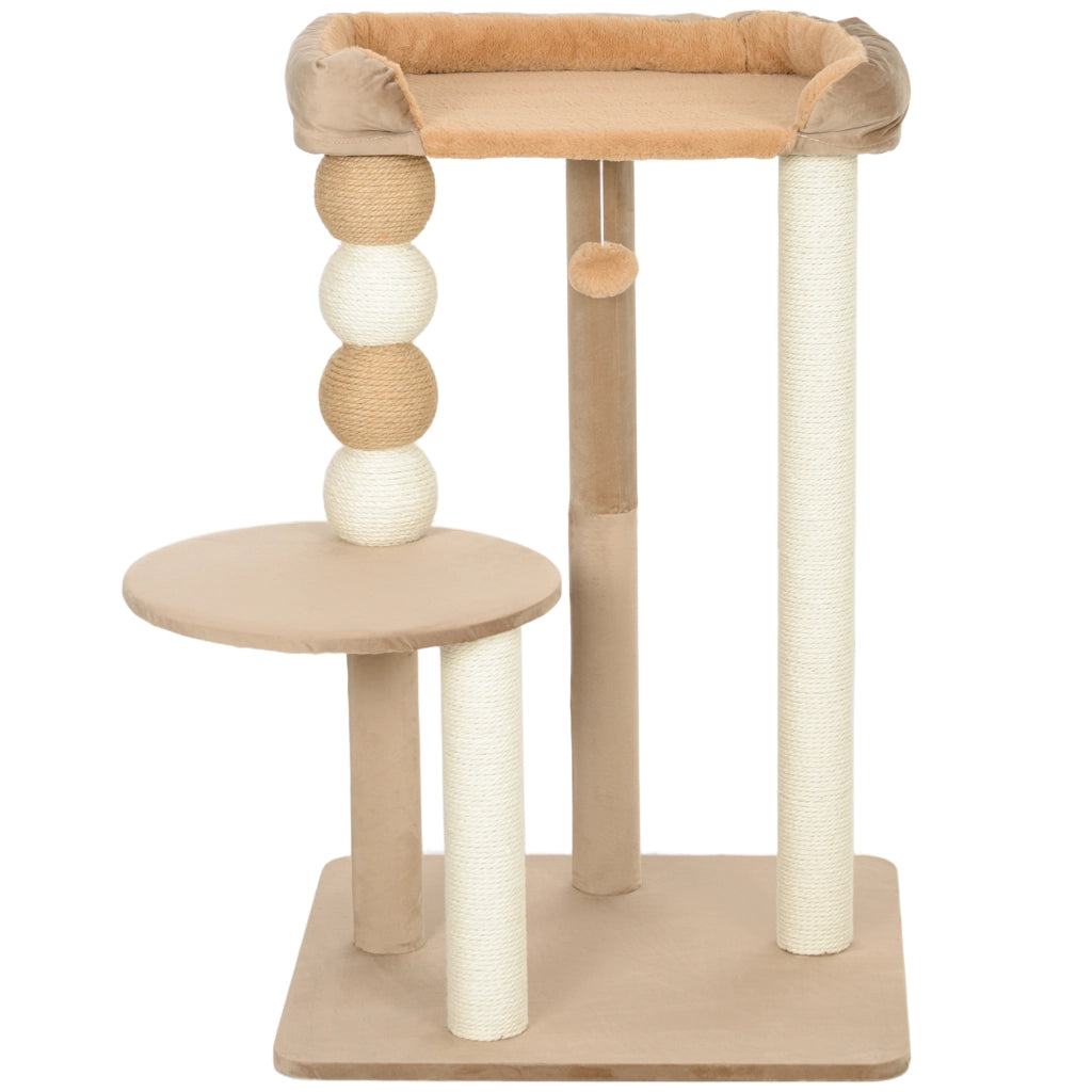 Tiragraffi per gatti con 2 piani, palla giocattolo, tronchi e palle ¨C Minimal ¨C marrone, 56x54x86 cm