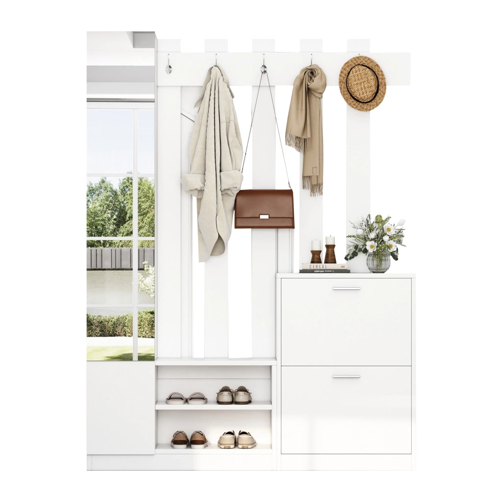 OKWISH Set da 1 Mobile da Ingresso con Specchio, 2 Scarpiere, Ripiani e 5 Ganci, Pannello di Truciolare Bianco