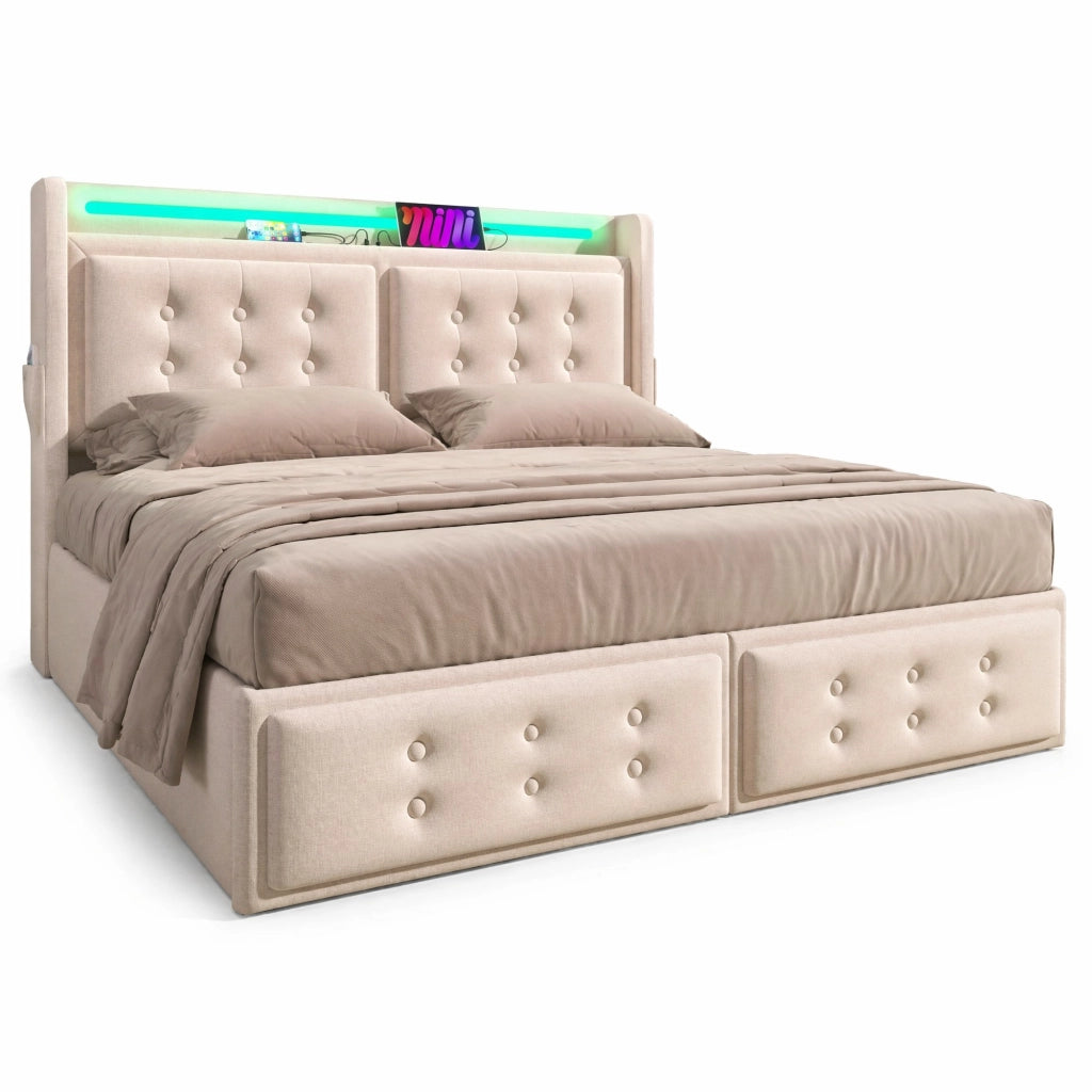 Letto imbottito 160x200 con testiera LED, prese e USB-C