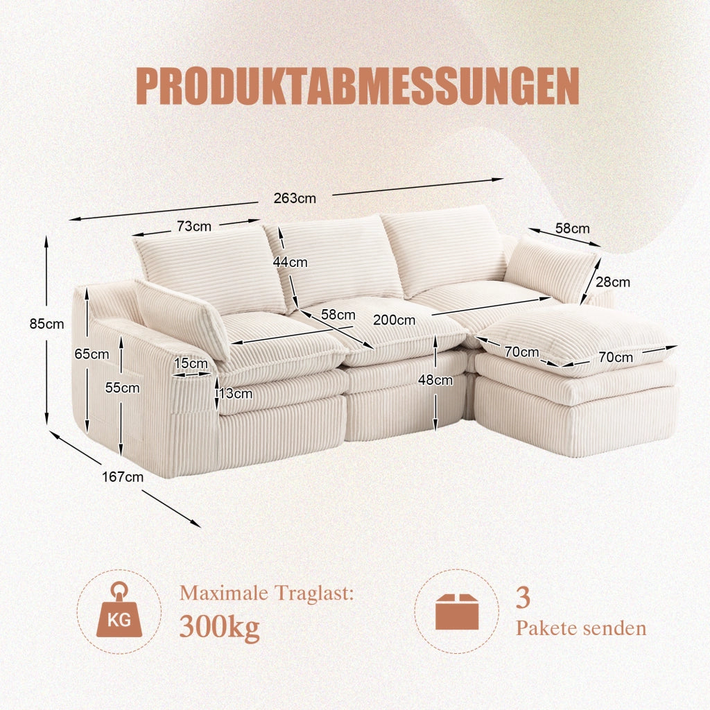 Divano modulare 3 posti - con pouf; tasche laterali e cuscini - in corduroy beige