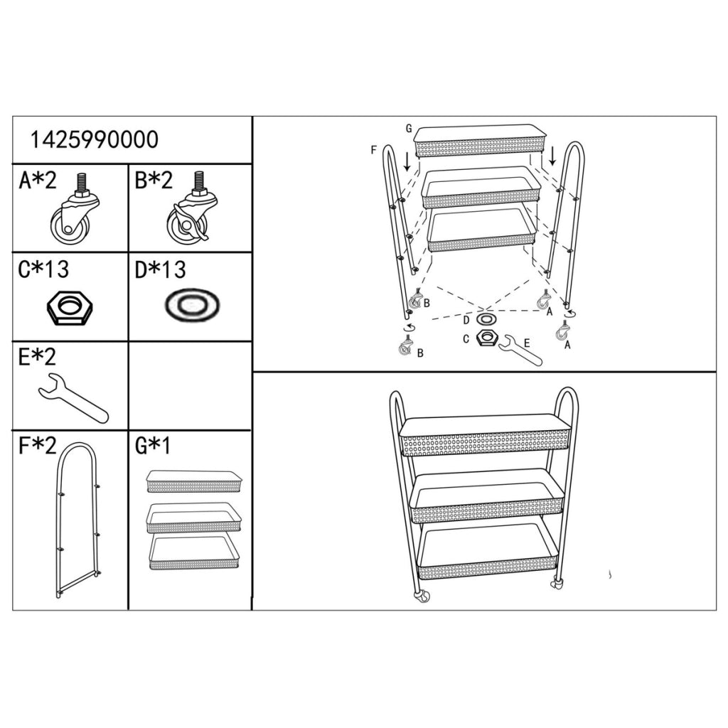 Carrello Fuji a 3 cesti in rattan e ferro nero su ruote — 60x30x80 cm