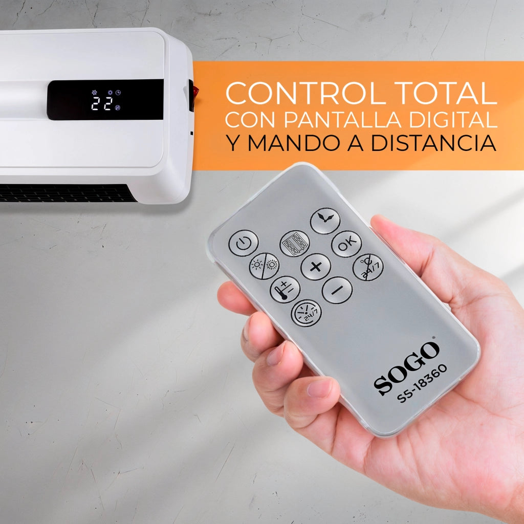 Termoventilatore da parete PTC 2000W con display LED digitale, telecomando, timer 7 giorni, termostato elettronico - SOGO
