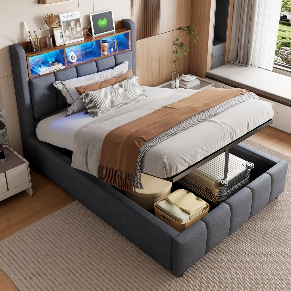 LETTO imbottito 90x200 cm Grigio con LED, USB e vano contenitore
