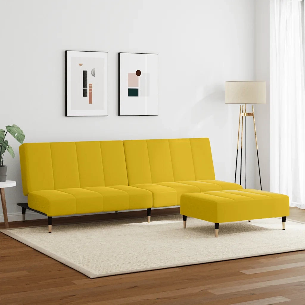 Divano Letto 2 Posti con Sgabello Giallo in Velluto