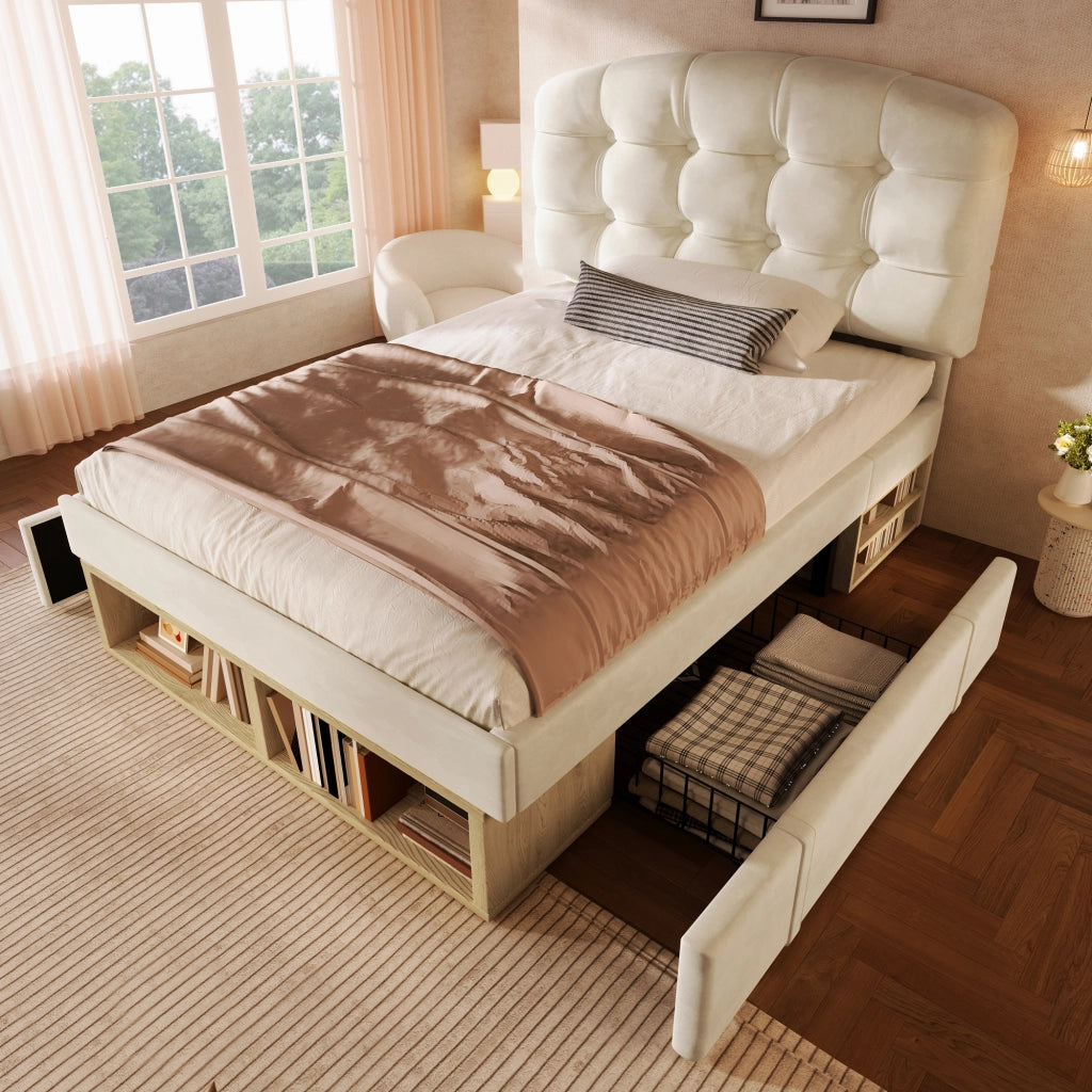 Letto Singolo Imbottito con Cassetti ¨C MINIMAL ¨C Velluto Beige, Testiera Regolabile, 90x200