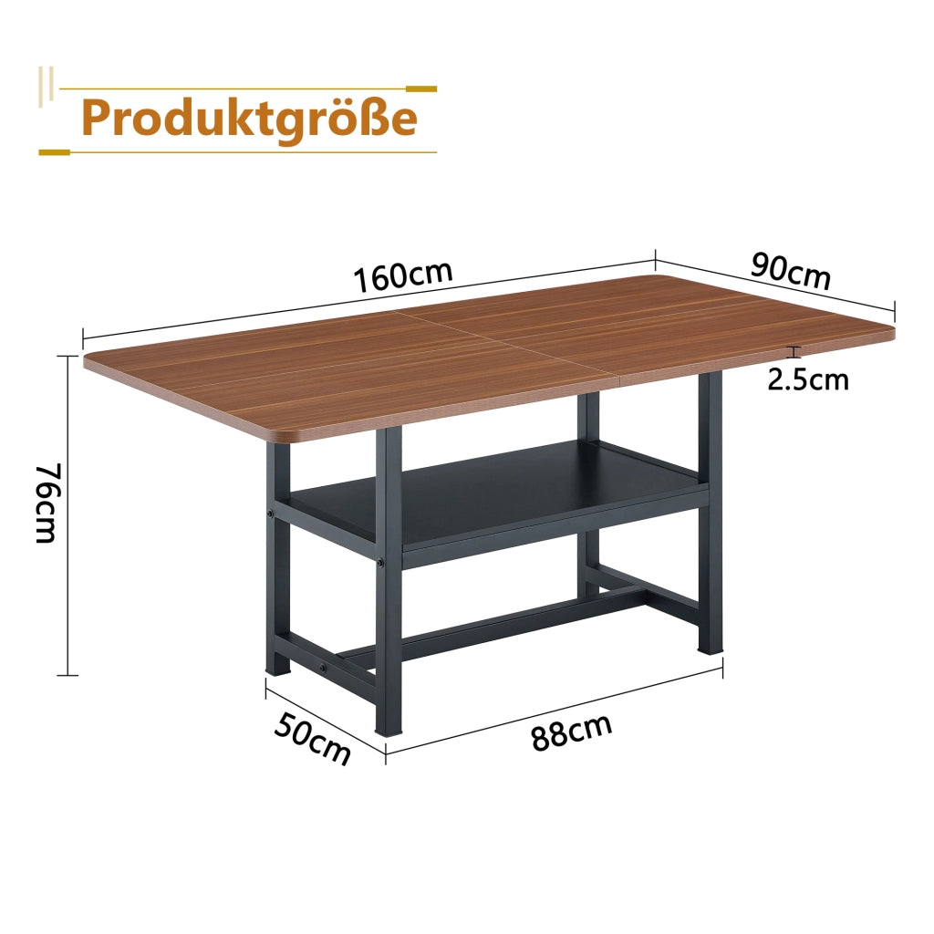 Tavolo da pranzo per 4-6 persone con ripiano portaoggetti; piano effetto noce e gambe in metallo nero; 160×90×76 cm