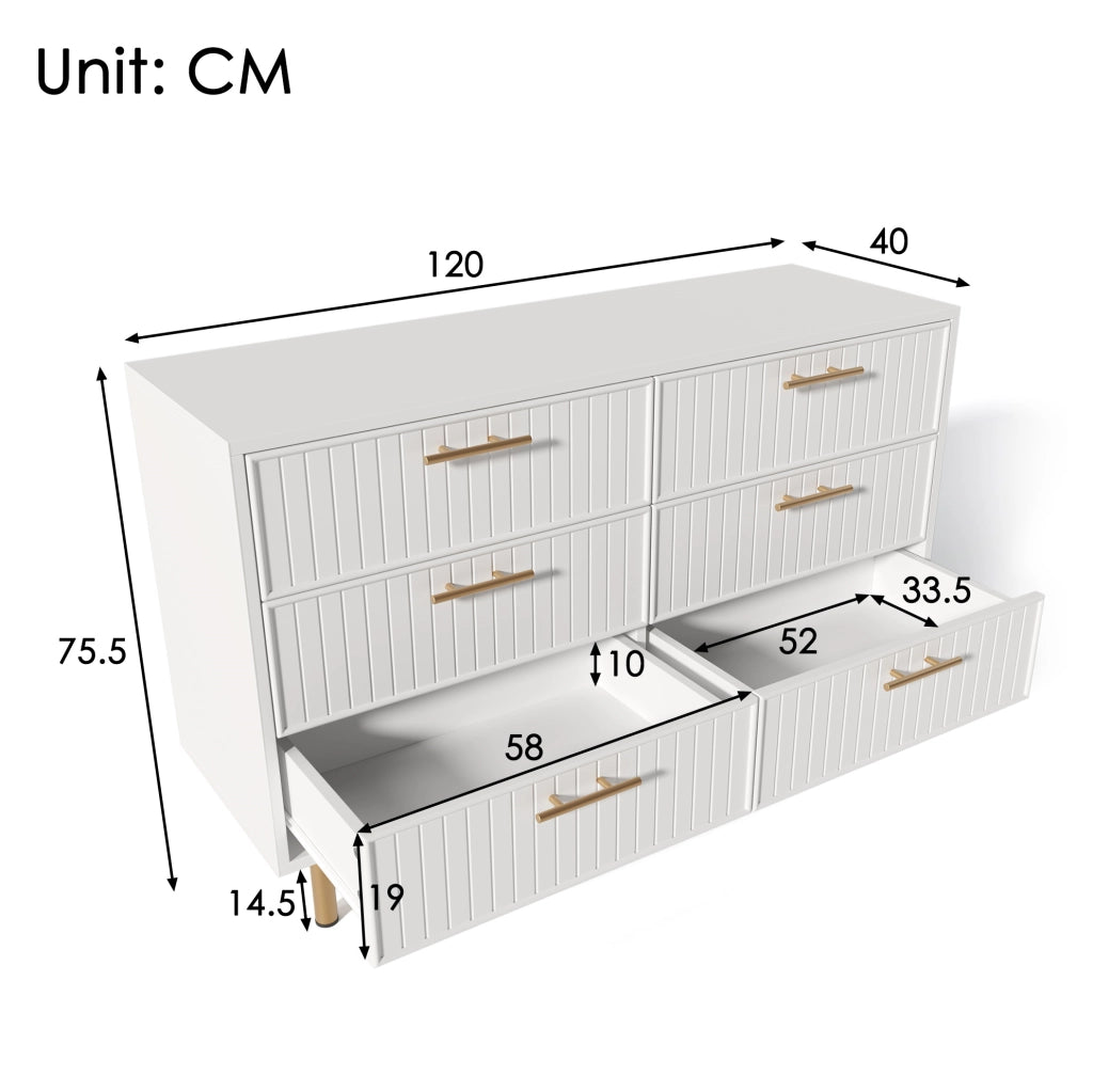Cassettiera con 6 cassetti; 120x40x75 cm; con base in metallo; pannello truciolare; bianco