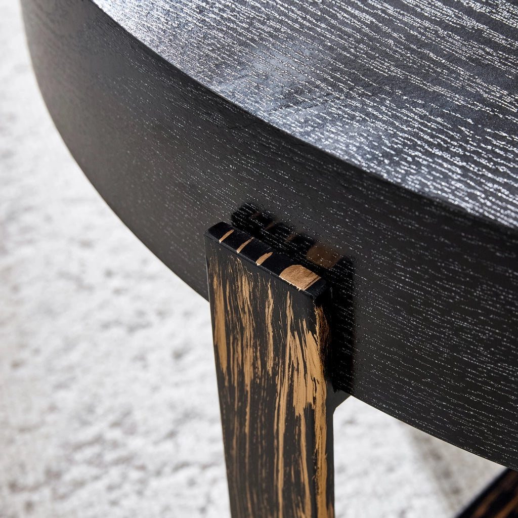 Tavolino rotondo da salotto 68 cm in stile industriale vintage, piano MDF nero effetto legno e base in metallo