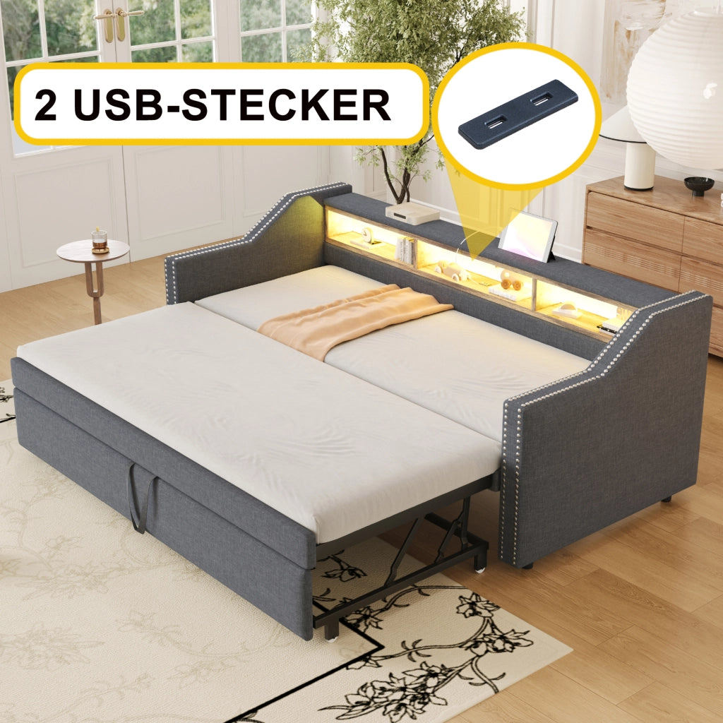 DIVANO LETTO Estraibile 90/180 x 190 cm Grigio Scuro con USB e LED