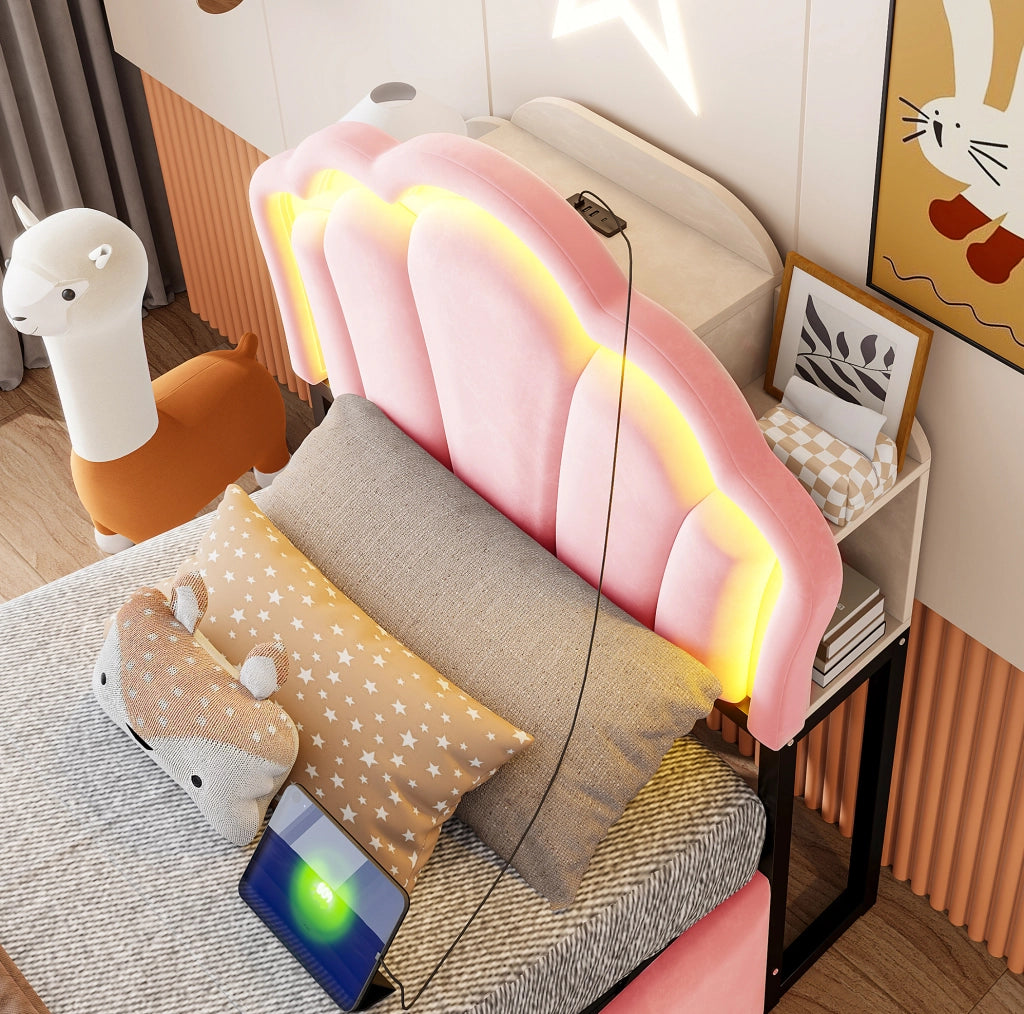 Letto imbottito 90x200 cm in velluto rosa con LED; contenitore idraulico e prese integrate