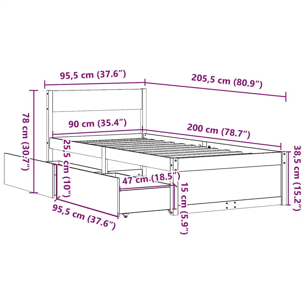Letto senza Materasso 90x200 cm in Legno Massello di Pino 846792