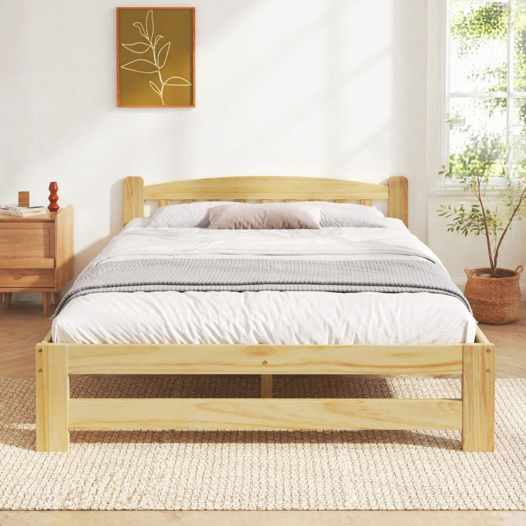 Letto matrimoniale in legno massello di pino naturale 140x200 cm con testiera e rete a doghe