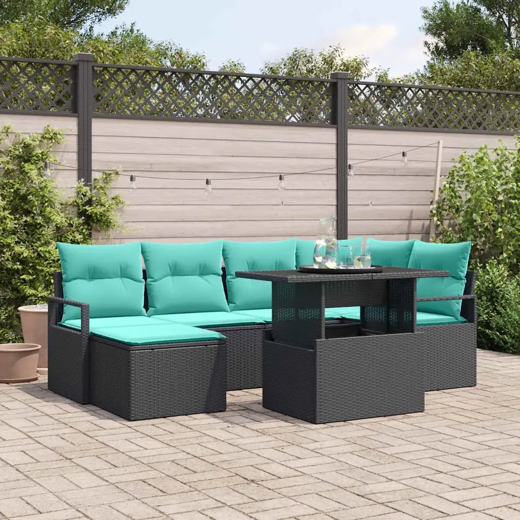 Set Divano da Giardino 7 pcs Nero e Blu Poly Rattan 3348862