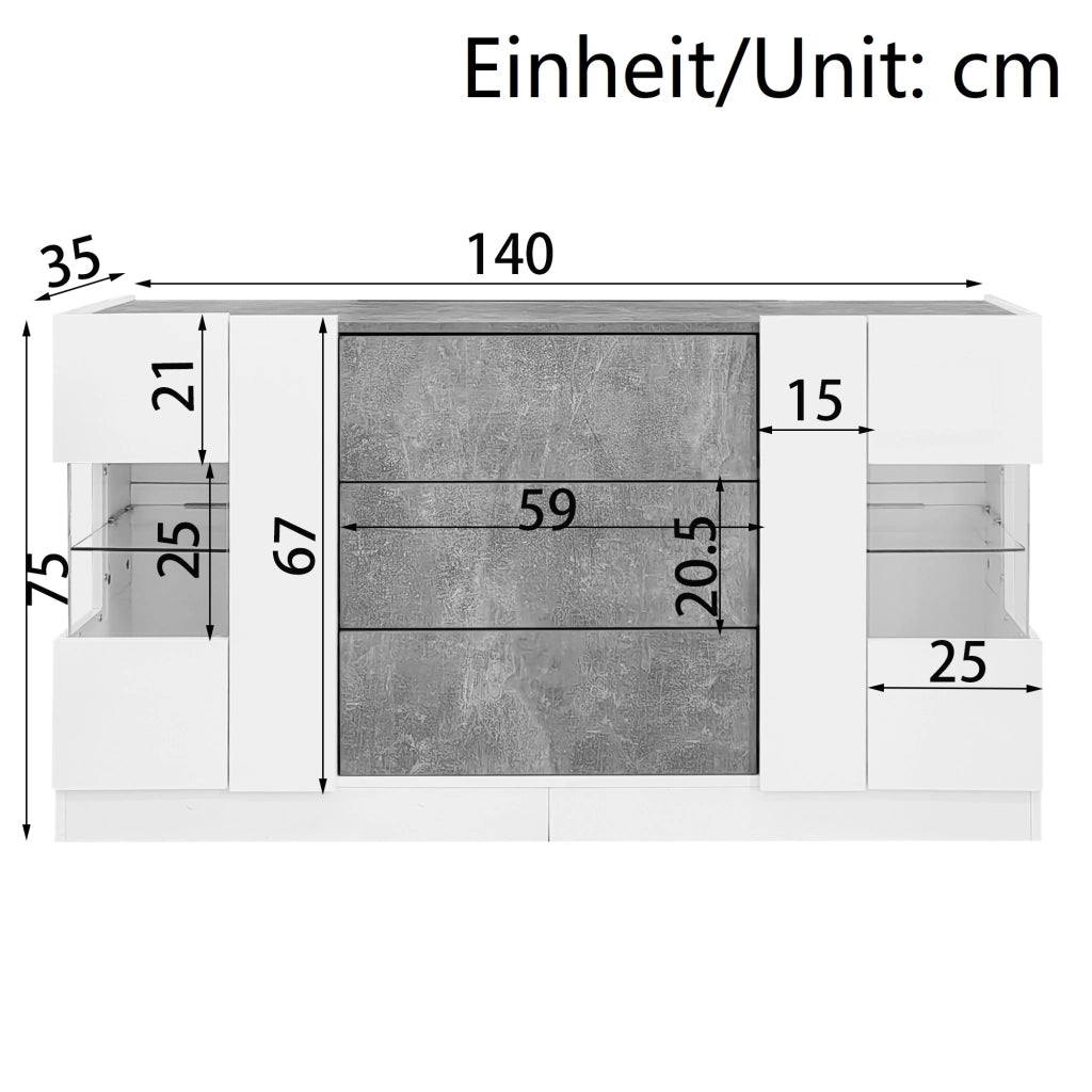 OKWISH Credenza con 2 Ante e 3 Cassetti, LED, per Soggiorno o Sala da Pranzo, MDF e Vetro, Bianco Marmo, 140×35×75 cm
