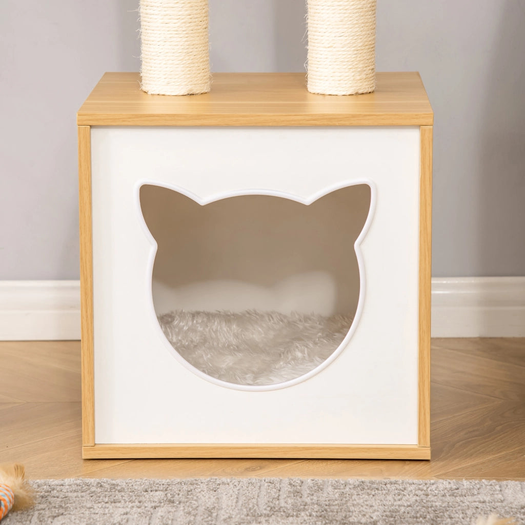 Casetta per Gatti con Pali Tiragraffi in Sisal, Cuscini Lavabili e Pallina ¨C zephmum ¨C Quercia 35x35x81cm