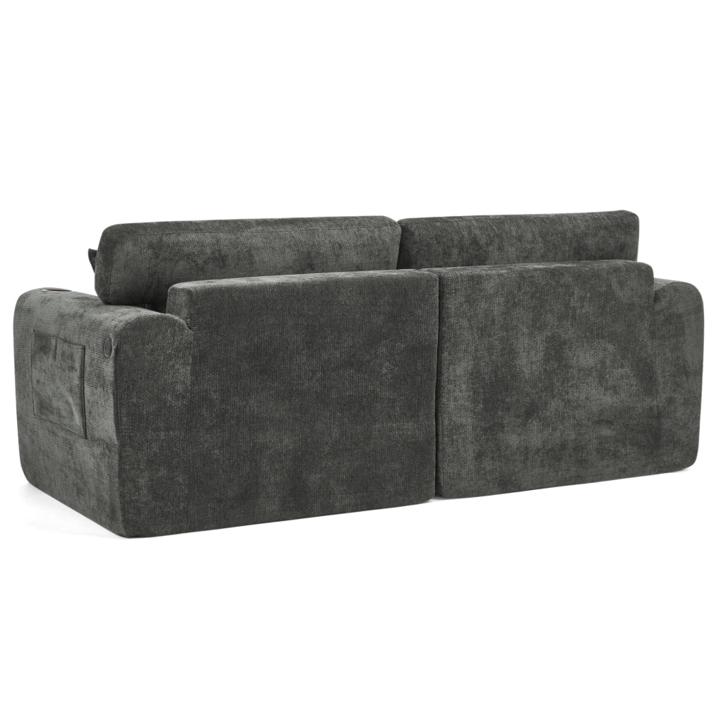 Divano relax a 2 posti in chenille con USB; tasche laterali e portabicchieri; nero 220x100x89 cm