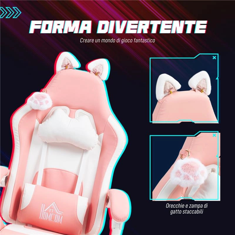 SEDIA DA GAMING ERGONOMICA CON ORECCHIE DA GATTO POGGIAPIEDI SUPPORTO LOMBARE E CERVICALE ROSA