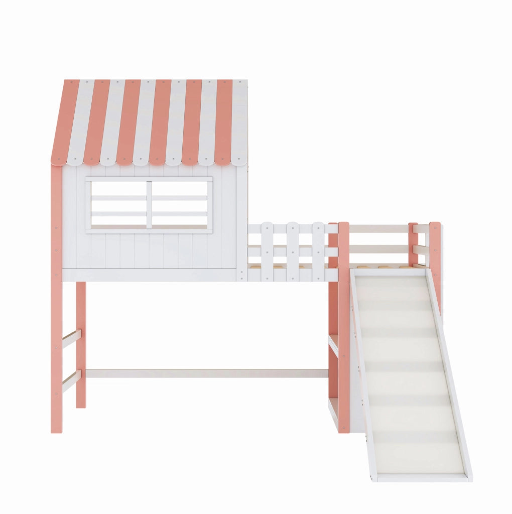 Letto a soppalco 90x200 cm con scivolo e scala in legno e MDF rosa